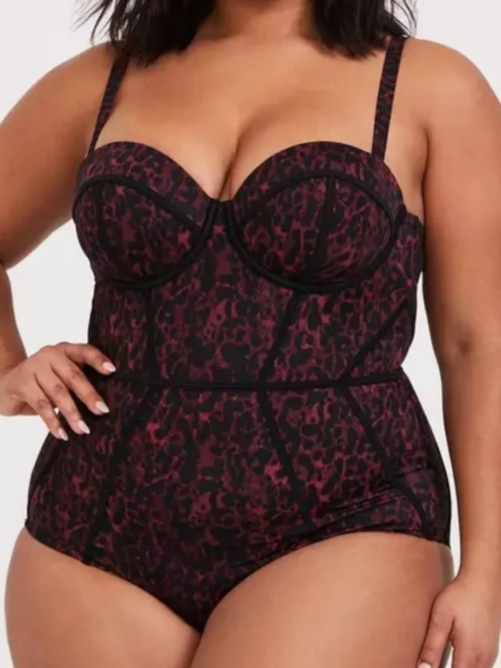 torrid Burgundy Leopard Slim Fix Underwire Piping One Piece Swimsuit 1x d/dd nwt - Picture 1 of 8
